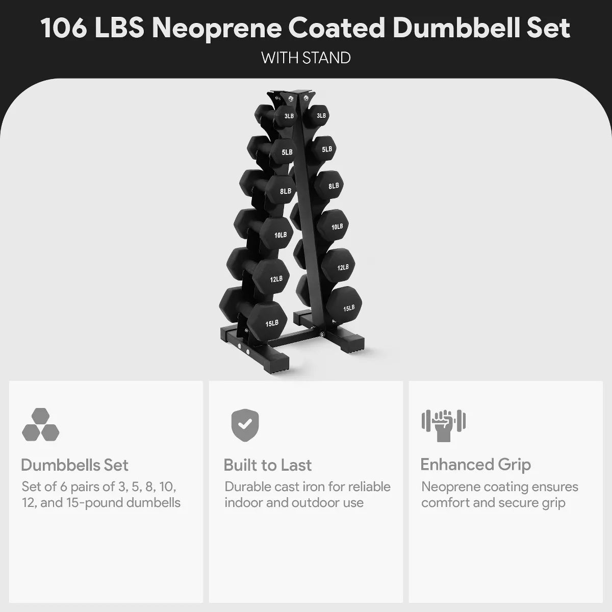 BalanceFrom 110lb Neoprene Dumbbell Set with Rack – 10 Pairs (1-10 lbs) – Anti-Roll Cast Iron Weights for Home Gym