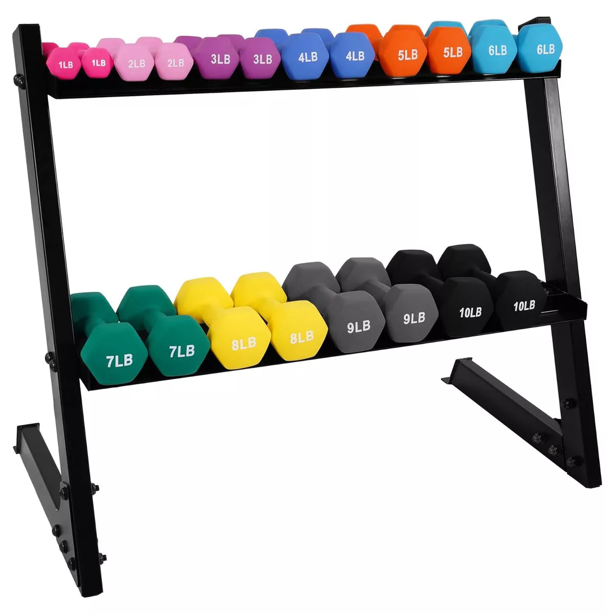 BalanceFrom 110lb Neoprene Dumbbell Set with Rack – 10 Pairs (1-10 lbs) – Anti-Roll Cast Iron Weights for Home Gym