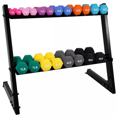 BalanceFrom 110lb Neoprene Dumbbell Set with Rack – 10 Pairs (1-10 lbs) – Anti-Roll Cast Iron Weights for Home Gym