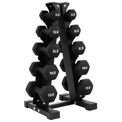 BalanceFrom 110lb Neoprene Dumbbell Set with Rack – 10 Pairs (1-10 lbs) – Anti-Roll Cast Iron Weights for Home Gym