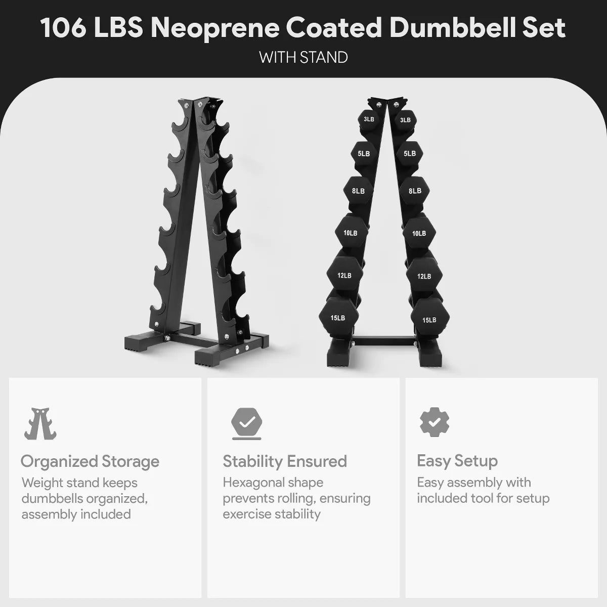 BalanceFrom 110lb Neoprene Dumbbell Set with Rack – 10 Pairs (1-10 lbs) – Anti-Roll Cast Iron Weights for Home Gym